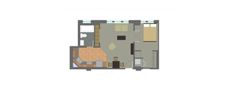 A floor plan of a house with a kitchen, living room, and two bedrooms.