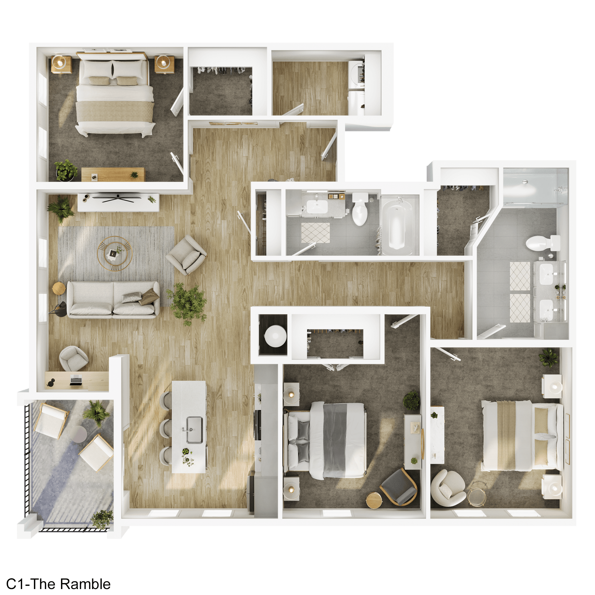 A floor plan of a house layout with a living room, kitchen, dining room, and bathrooms.