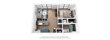 A 3D floor plan of a small apartment with a kitchen, living room, and bathroom.