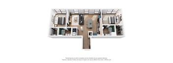 A 3D floor plan of a house with a kitchen, living room, and two bedrooms.