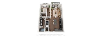 A 3D floor plan of a small apartment with a kitchen, living room, and bedroom.