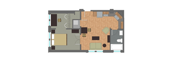 A floor plan of a house with a kitchen, living room, and bathroom.