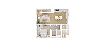 A top-down view of a modern apartment with a living room, dining area, and bedroom.