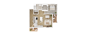 A top-down view of a small apartment layout with a kitchen, living room, and bedroom.