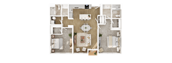 A top-down view of a well-organized kitchen and dining area.