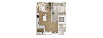 A top-down view of a small apartment with a kitchen, living room, and bathroom.