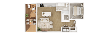 A top-down view of a well-organized kitchen and living room area.