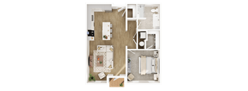 A top-down view of a small apartment layout with a kitchen, living room, and bathroom.