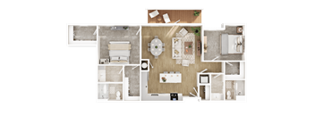 A top-down view of a house floor plan with a kitchen, living room, dining area, and bathrooms.
