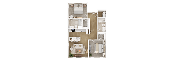 A floor plan of a house with a living room, two bedrooms, a bathroom, and a kitchen.