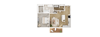 A top-down view of a small apartment layout with a kitchen, living room, and bathroom.