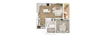 A top-down view of a modern apartment layout with a kitchen, living room, and bathroom.