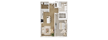 A top-down view of a well-organized apartment with a kitchen, living room, and bathroom.