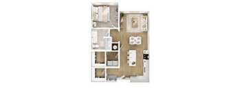 A floor plan of a small apartment with a kitchen, living room, and bathroom.