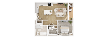 A top-down view of a small apartment with a kitchen, living room, and bedroom.