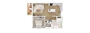 A top-down view of a small apartment with a kitchen, living room, and bedroom.