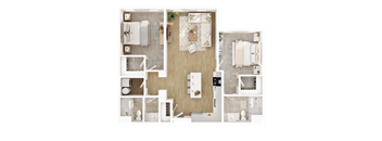 A top-down view of a house layout with a kitchen, living room, and bathrooms.