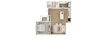 A top-down view of a small apartment with a kitchen, living room, and bathroom.