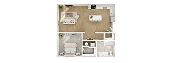 A top-down view of a small apartment with a living room, kitchen, and bathroom.