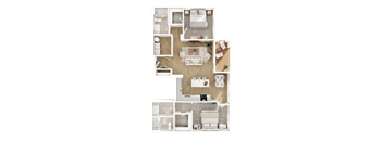 A floor plan of a house with a kitchen, living room, dining room, and bedrooms.