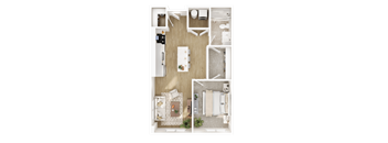 A top-down view of a well-organized apartment with a kitchen, living room, and bedroom.