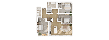 A top-down view of a house layout with multiple rooms and furniture.