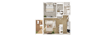 A top-down view of a bedroom with a bed, a desk, and a chair.