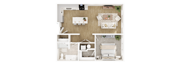 A top-down view of a well-organized, modern kitchen and living room.