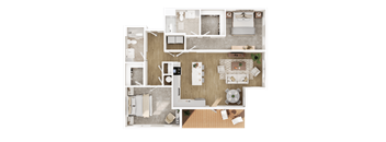 A top-down view of a house layout with a kitchen, living room, and bathrooms.