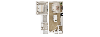 A top-down view of a small apartment layout with a kitchen, living room, and bathroom.