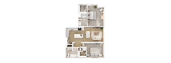 A top-down view of a modern apartment layout with a kitchen, living room, and bedroom.
