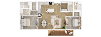 A top-down view of a well-organized kitchen and living room.