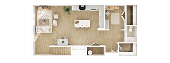 A top-down view of a small apartment with a kitchen, living room, and bathroom.