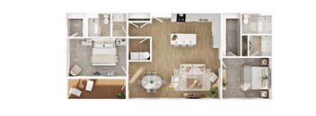 A top-down view of a house layout with a kitchen, living room, dining room, and bedrooms.