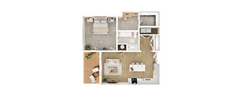 A floor plan of a small apartment with a bedroom, living room, and kitchen.