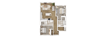 A top-down view of a house layout with a kitchen, living room, and bathrooms.