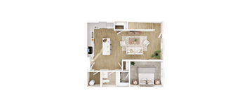 A top-down view of a cozy apartment with a living room, kitchen, and bedroom.