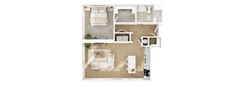 A top-down view of a small apartment layout with a bedroom, living room, and kitchen.