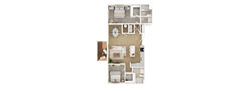 A top-down view of a small apartment layout with a kitchen, living room, and two bedrooms.