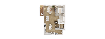 A top-down view of a small apartment with a kitchen, living room, and bedroom.