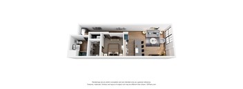 A 3D floor plan of a small apartment with a kitchen, living room, and bathroom.