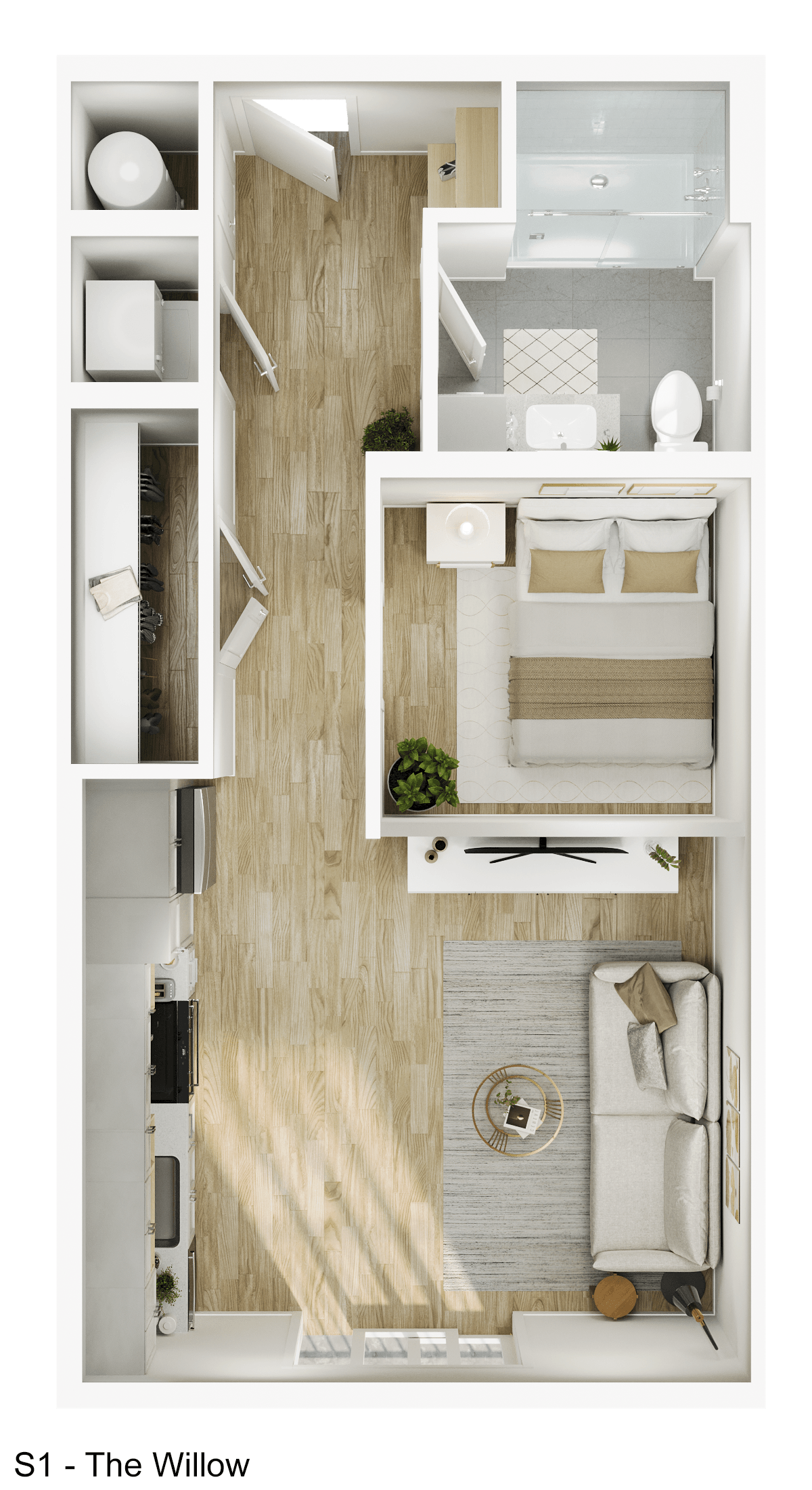 A floor plan of a small apartment with a bathroom and a kitchen.