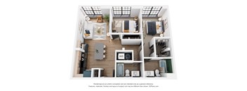 A 3D floor plan of a small apartment with a kitchen, living room, and bathroom.