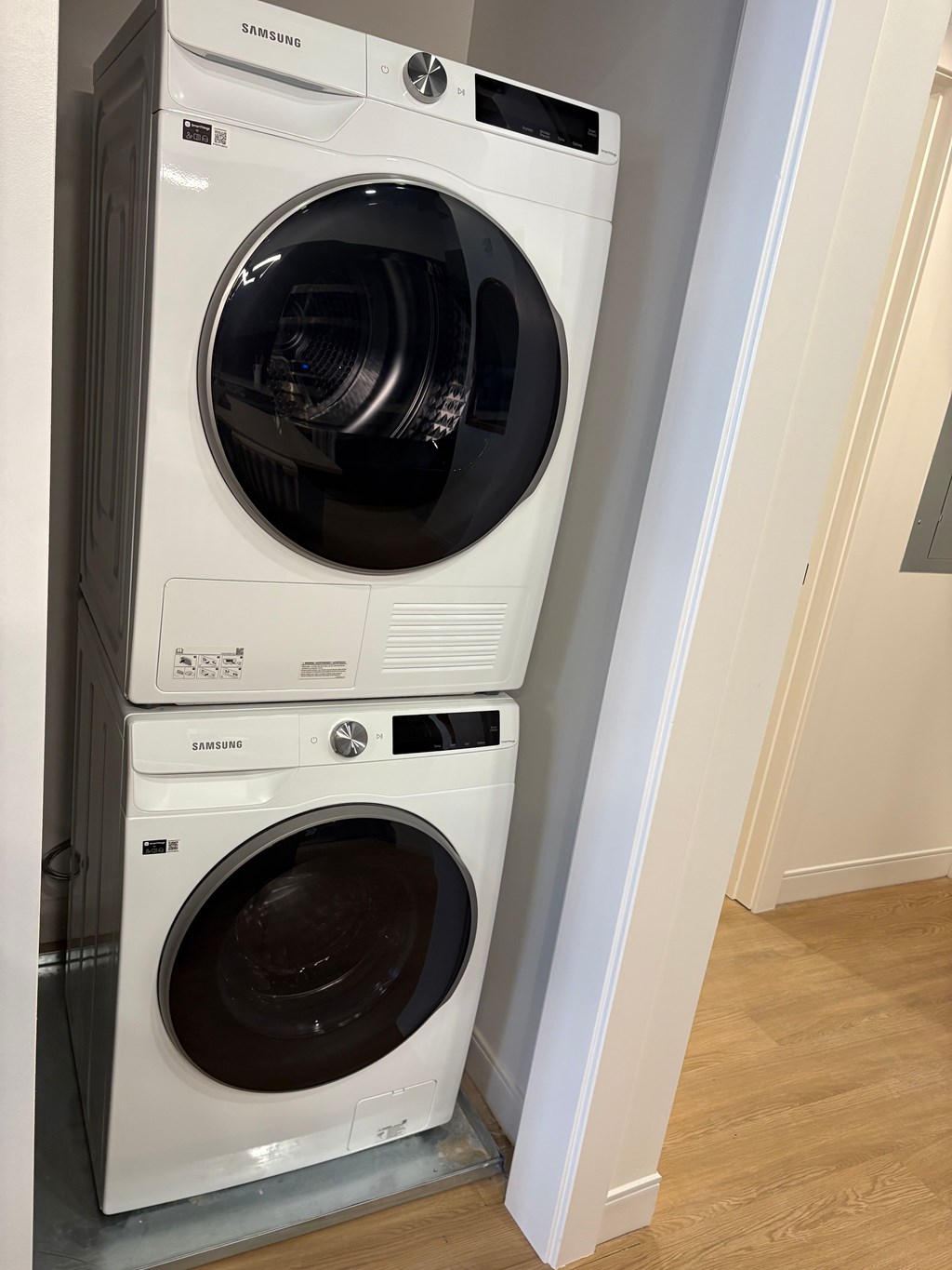 A stack of Samsung front loading washing machines.