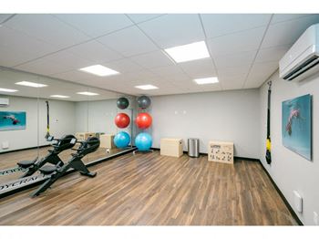 a large fitness room with treadmills and other exercise equipment