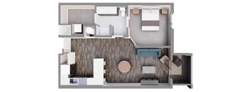 a bedroom with a bed a chair and a mirror