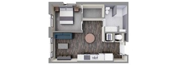 a bedroom with a bed a sink and a mirror