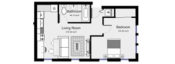 A floor plan of a room with a living room, bathroom and bedroom.
