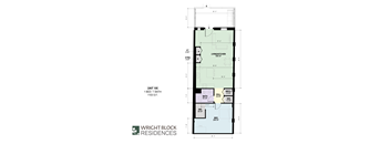 A floor plan for Wright Block Residences showing the layout of a unit with a living/kitchen area, bathroom, hallway, and bedroom.