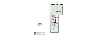 A floor plan for Wright Block Residences showing the layout of Unit 203 with its various rooms and their sizes.